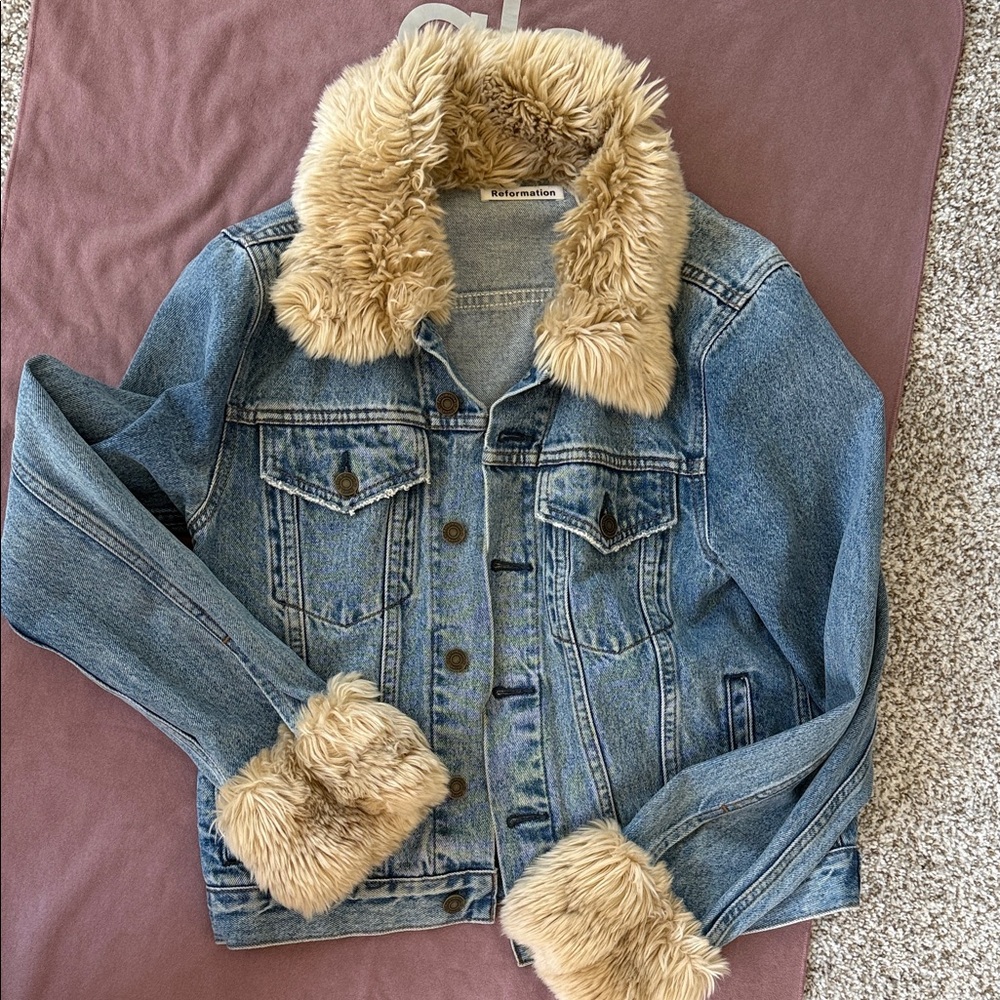 Reformation Blue Denim with Cream Faux Fur